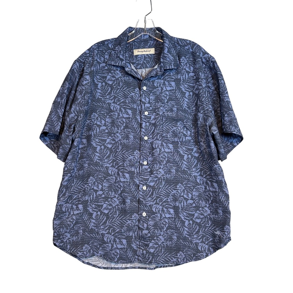 Tommy Bahama Mens Large Blue Tropical Palm AOP Tencel Modal‎ Button Down Shirt